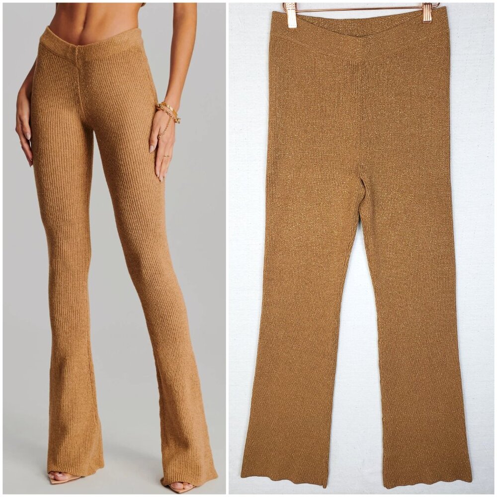 NWOT House of Harlow 1960 Ribbed Knit Flare Pants Bootcut Metallic Gold size S